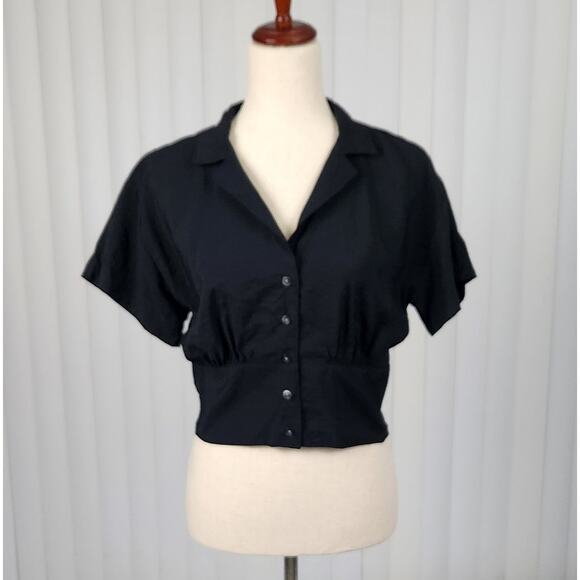 Madewell Drapey Banded-Bottom Button-Down Crop Top Black Women's Size Medium New - Picture 2 of 11